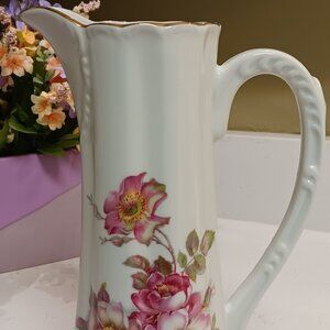 Gerald Porzellan Bavarian Porcelain Pitcher 10.5” | White Floral Design
